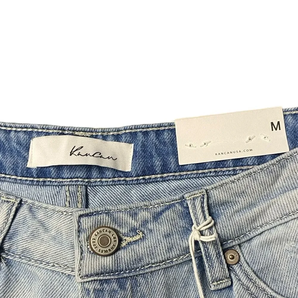 KanCan Wm’s Sz Med Blue Light Wash Distressed High Rise Rolled Cuff Denim Shorts